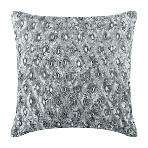Decorative Silver Euro Sham Cover 24&quot;x24&quot;/26&quot;x26&quot;, Art Silk Bed Throw Pillow Lattice, Trellis, Beaded, Rhinestones-Silver Anniversary