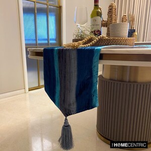 Available in 11 sizes, 36 to 120 inches long Decorative Table Runner Teal /Grey, Velvet Crushed with Tassels, Ombre Modern - Ombre Teal Love