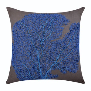 Cotton Linen Blue Sofa Throw 16&quot;x16&quot;, Designer Throw Cushion Cover Coral, Sea Weeds Throw Cushion Sea Creature Beach - Royal Blue Sea Weeds