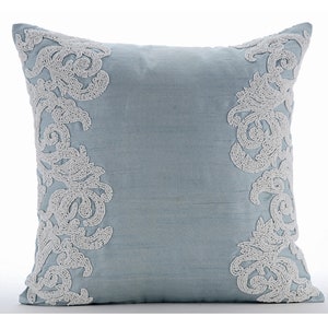 Designer Light Blue Toss Pillow 16&quot;x16&quot;, Art Silk Throw Pillow Case Floral, Border Throw Pillow Cover French Toile Victorian - White Waters