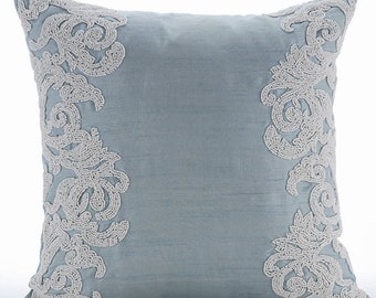 Designer Light Blue Toss Pillow 16"x16", Art Silk Throw Pillow Case Floral, Border Throw Pillow Cover French Toile Victorian - White Waters