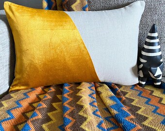 Saffron Yellow & Beige Velvet/Linen Color Block Decorative Lumbar Pillow Cover, Modern Style Couch Oblong Cushion Cover-Velutinous Saffron