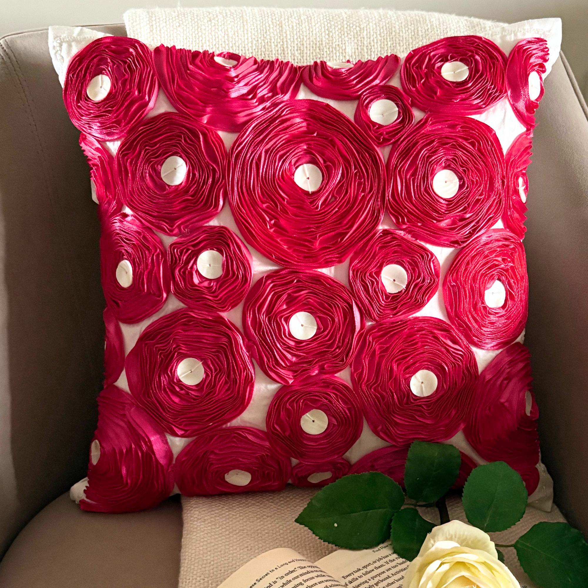 Fuchsia Pink Art Silk Ribbon Embroidered Rose Decorative Throw  display picture 1