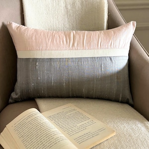 Lumbar Pillow Cover 12x20 Light Pink & Grey Silk Color Block Decorative Oblong Cushion Cover for Modern Home Decor-Plush Light Pink Silk