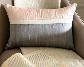 Lumbar Pillow Cover 12x20 Light Pink & Grey Silk Color Block Decorative Oblong Cushion Cover for Modern Home Decor-Plush Light Pink Silk