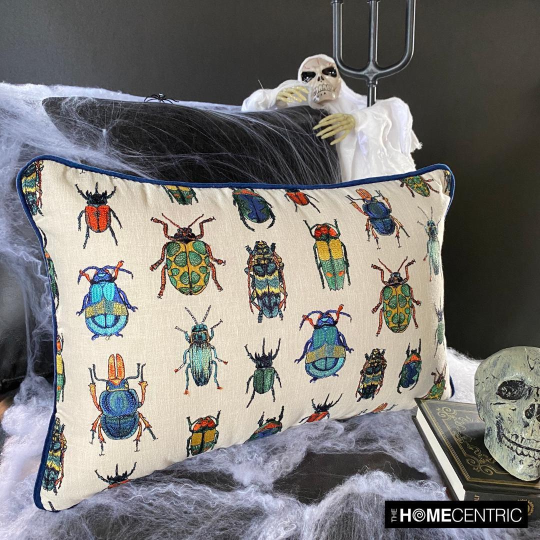 カブトムシ柄の長方形/腰掛け用枕カバー、刺繍入り虫柄クッション、虫