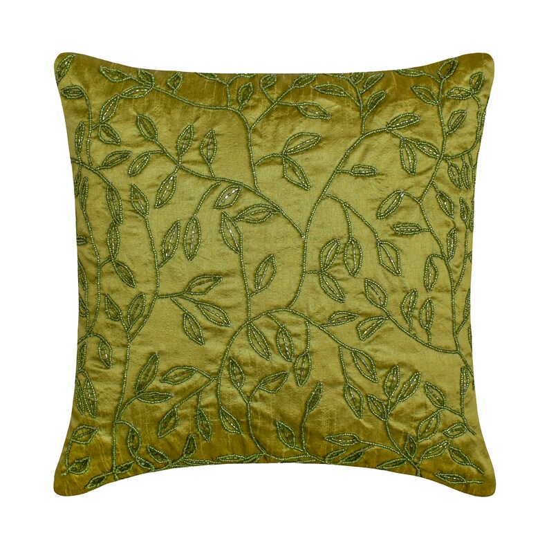 Art Silk Green Throw Pillow Cover 16x16, Designer Pillow Custom Leaf Cushion Case Nature Floral Pattern Tropical Style Tropical image 1