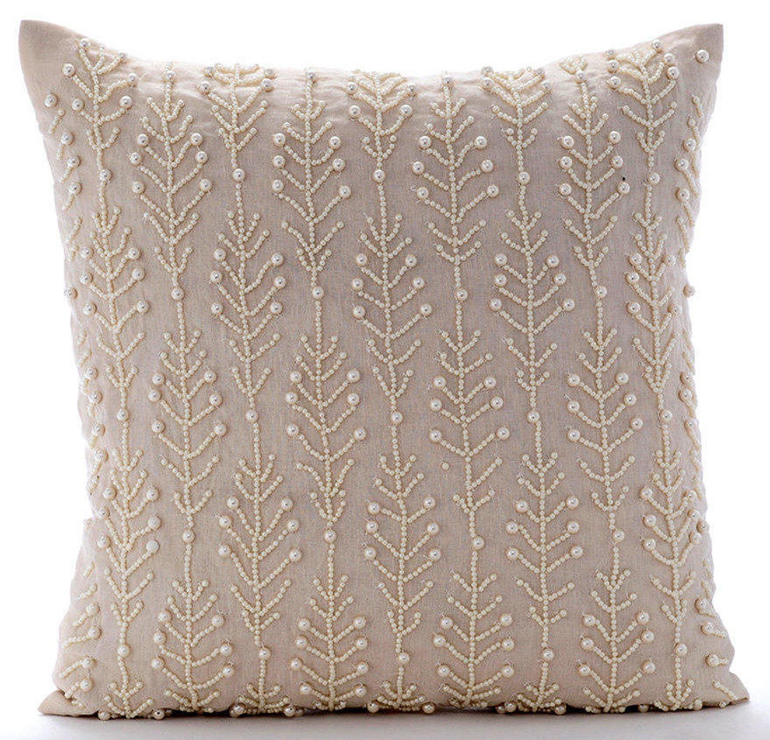 Luxury Beige Sofa Throw Pillow Large 24x24 / 26x26, Cotton Linen Pillow