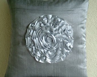 Silver Vintageous - Throw Pillow Covers - 20x20 Inches Silk Pillow Cover with Satin Frill Embroidery