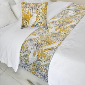 King / Queen / Twin Mustard / Grey / Ivory Color Quilted Bed Runner with Decorative Throw Pillow Cover in Floral Bird Pattern- Cockatoo Love