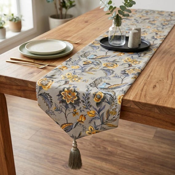 Grau / Gelber Satin, Blumen- & Pfauenmuster, moderner Tischläufer - Merlin