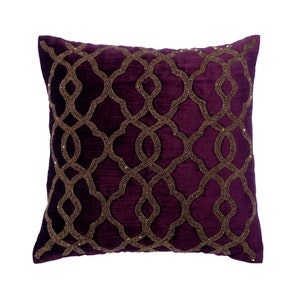 Decorative Velvet Euro Sham 24&quot;x24&quot;/26&quot;x26&quot;, Throw Euro Sham Plum Velvet with Gold Beaded Embroidery Euro Sham Classical - Estrellas