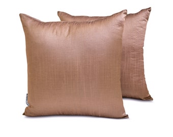 Pack of 2 Copper Art Silk Pillow Covers, Square Throw Pillow Covers, Solid Cushion Covers, Plain Pillow Case - Copper Luxury