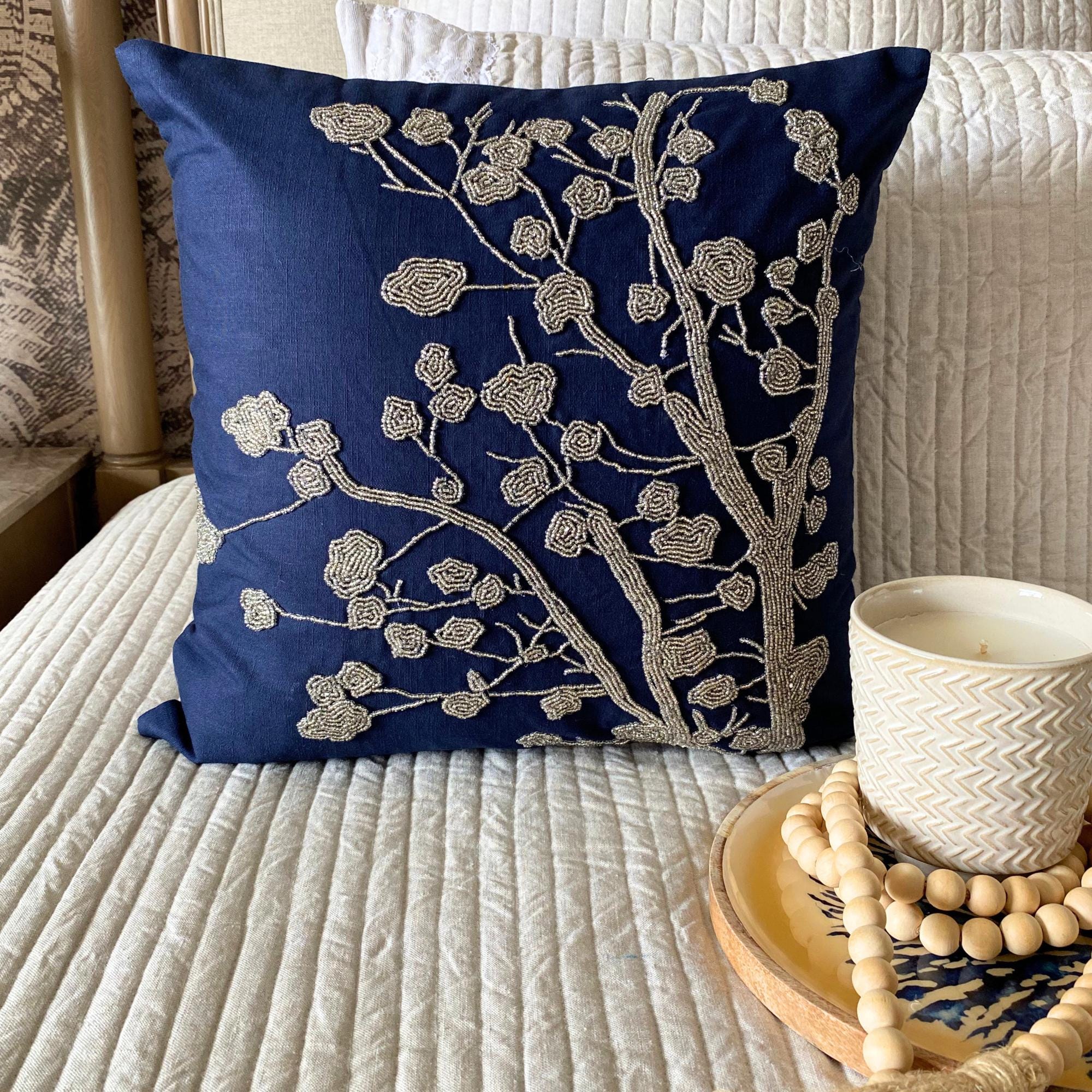 Designer Navy Blue Euro Sham 24"x24"/26"x26", Cotton Linen Throw Pillow ...