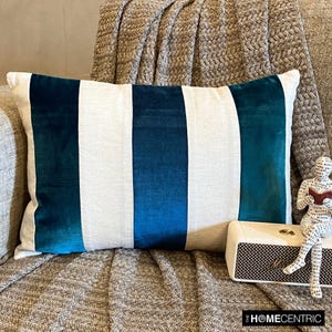 Decorative Oblong / Lumbar Throw Pillow Cover Teal / Peacock Green Velvet / Linen Broad Stripe Patchwork Pillow Modern Decor - Swathe Teal