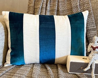 Decorative Oblong / Lumbar Throw Pillow Cover Teal / Peacock Green Velvet / Linen Broad Stripe Patchwork Pillow Modern Decor - Swathe Teal
