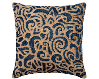 Designer Throws For Sofa 16"x16", Cotton Velvet Toss Cushion Gold Cushions Abstract Pattern Modern Home Decor Pillow - Gold & Sapphires
