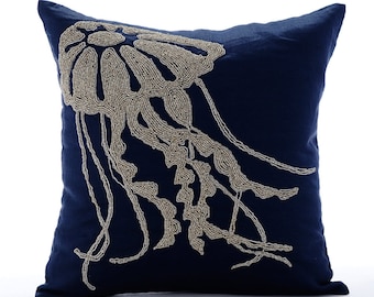 16"x16"  Decorative Navy Blue Cushion Case, Cotton Linen Pillow Cushion Jelly Fish, Fish Throw Pillow Cover Sea - Jelly Fish At The Shore