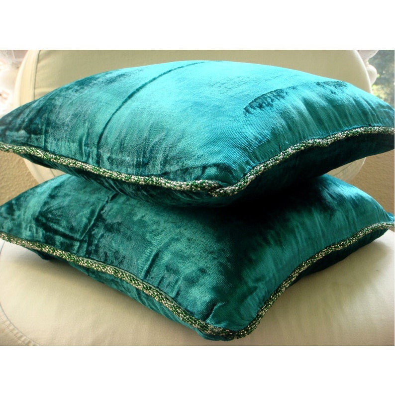 Decorative Royal Peacock Green Throw Pillow Custom 16x16, Velvet Sofa Throw Couch Cushion Cover Solid Royal Peacock Green Shimmer image 5