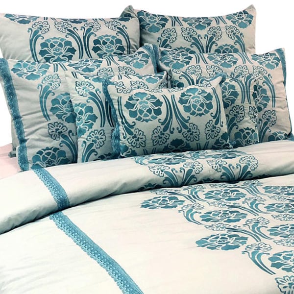 King, Queen and Twin Size Blue Decorative Duvet Cover Set, Cotton Damask Embroidery, Nature Floral Traditional - Damask Beauty