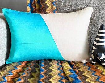 Turquoise Blue & Beige Velvet/Linen Color Block Decorative Lumbar Pillow Cover, Modern Style Oblong Cushion Cover - Velutinous Turquoise