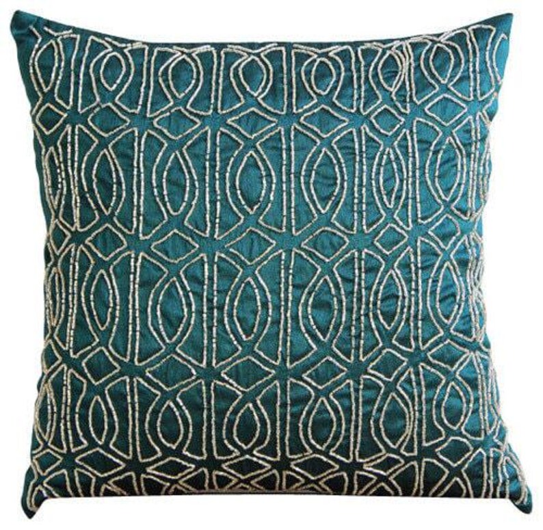 Designer Trellis, Lattice Couch Cushion Cover 16"x16", Art Silk Throw Cushion Royal Peacock Green Couch - Geometric Royal Peacock Green image 2