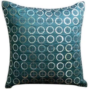 Luxury Pillow Cases Vintage 16&quot;x16&quot;, Art Silk Couch Pillow Teal Blue Throw Pillow Cover Circles Dots Modern Style - Teal N Silver Rings
