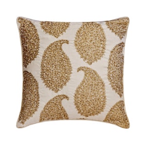 Decorative Pillow Cover 16&quot;x16&quot; Gold/Ivory Paisley Jacquard Fabric Couch Sofa Throw Pillow Beaded Contemporary Home Decor - Paisley Queen
