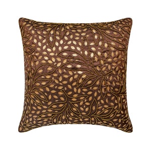 Designer Brown Bed Cushion 24x24/26x26, Art Silk Sofa Throw Pillow Leaf European Cushion Cover Nature Floral Pattern Gold Leaves image 1