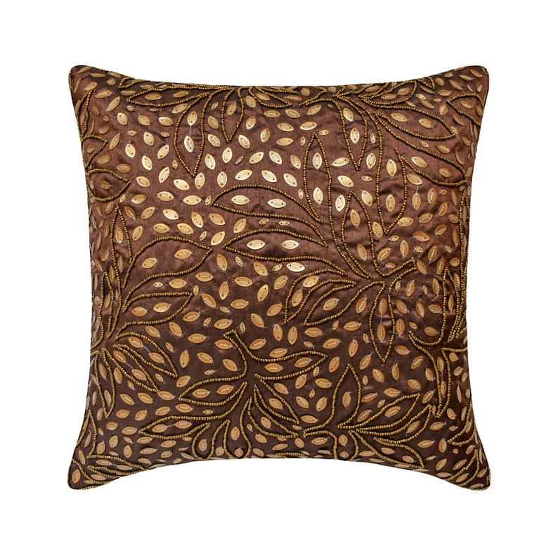 Designer Brown Bed Cushion 24x24/26x26, Art Silk Sofa Throw Pillow Leaf European Cushion Cover Nature Floral Pattern Gold Leaves image 1