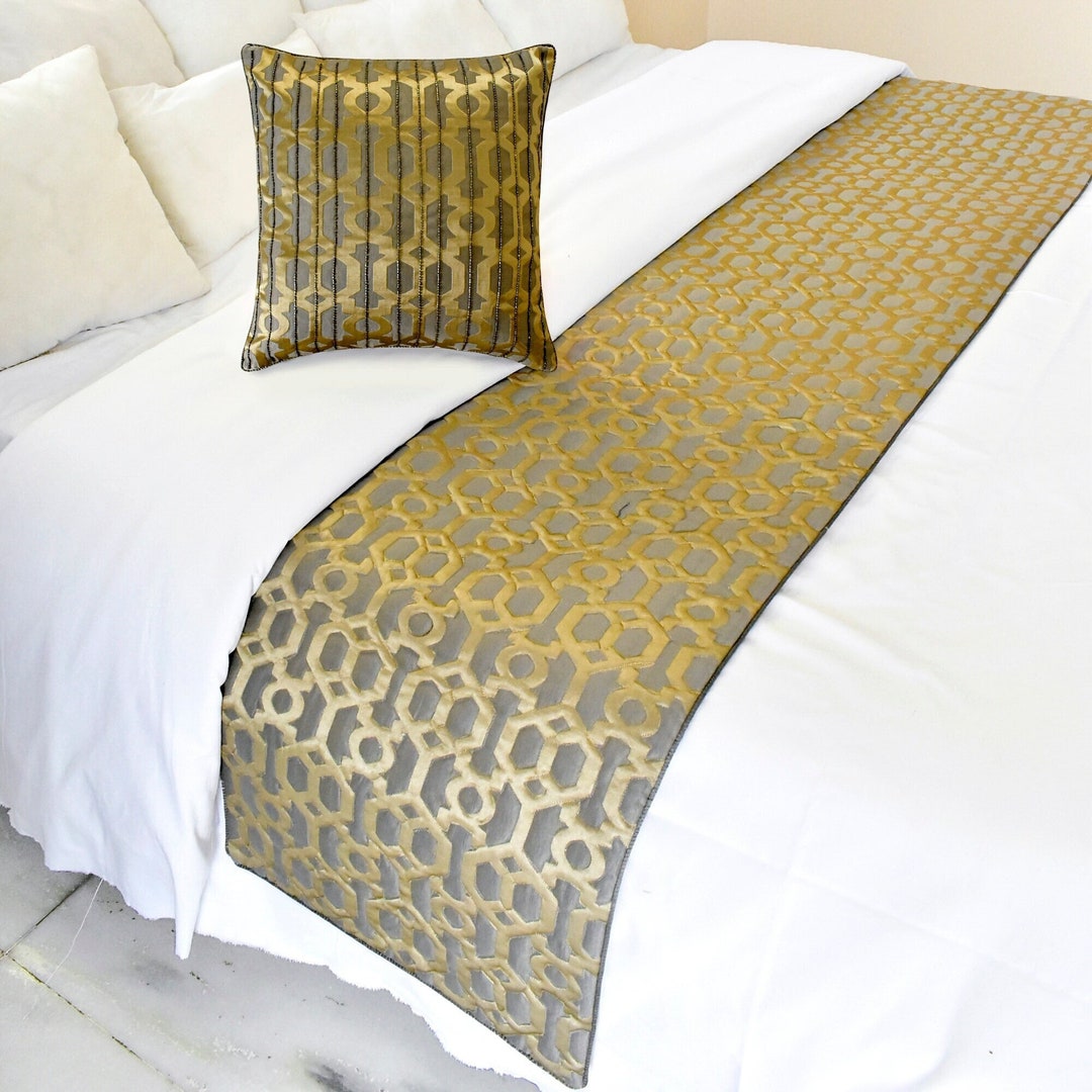 King / Queen / Twin Grey Gold Bed Runner With Decorative Throw Pillow