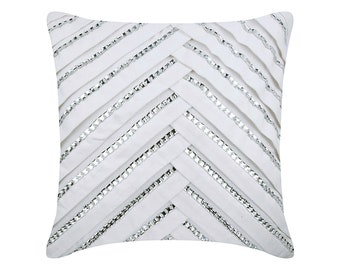 Decorative White Throw Pillow Cover 16"x16", Suede Toss Pillows Pintucks, Textured Sofa Pillow Cover Striped Contemporary - Ice Crystals