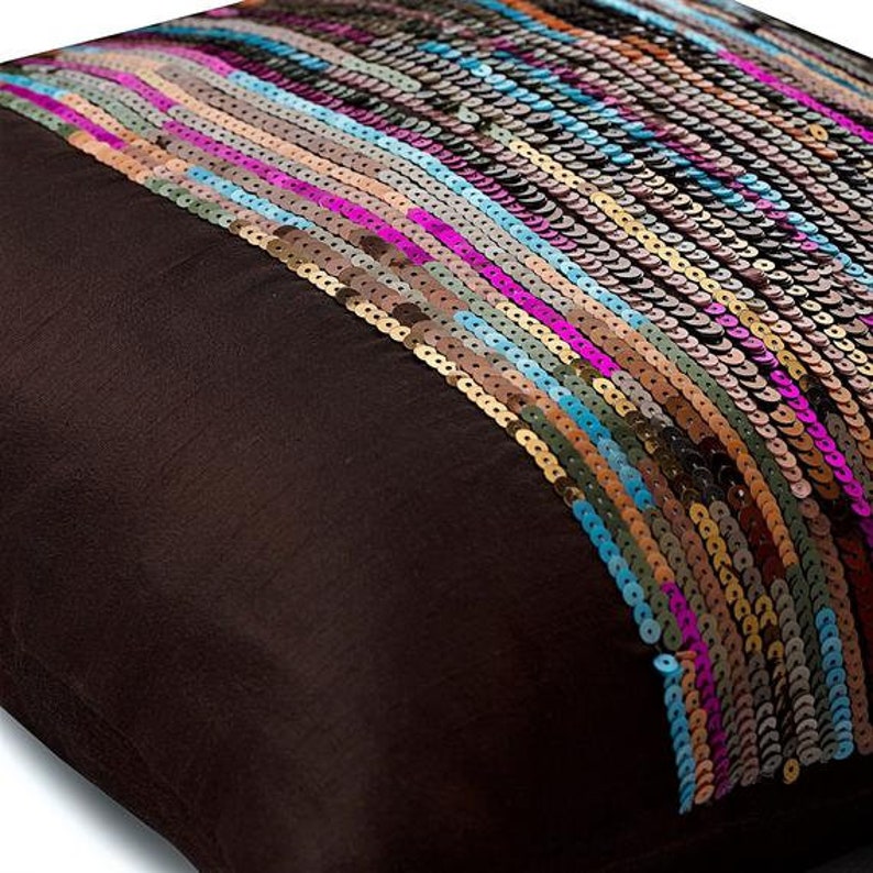 Bed Cushion Dark Chocolate Brown Designer 24x24 / 26x26, Art Silk Sofa Throw European Cushion Cover Striped Modern Streaks Of Color image 2
