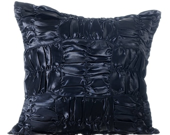 Decorative Black Throw Pillow Cover 24"x24"/26"x26", Satin Toss Throw Pillow Ruches, Textured Throw Pillow Solid Color - Dreamy Black