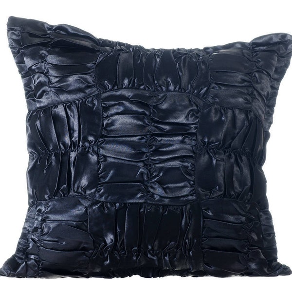 Decorative Black Throw Pillow Cover 24"x24"/26"x26", Satin Toss Throw Pillow Ruches, Textured Throw Pillow Solid Color - Dreamy Black