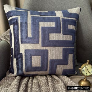Decorative Blue Velvet Throw Pillow Cover 16x16 Inch Maze Pattern Modern Couch Pillow, Luxe Home Decor, Cut Velvet Sofa Pillow-Midnight Maze