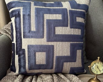 Decorative Blue Velvet Throw Pillow Cover 16x16 Inch Maze Pattern Modern Couch Pillow, Luxe Home Decor, Cut Velvet Sofa Pillow-Midnight Maze