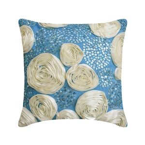 Art Silk Aqua Blue Sofa Pillow 16&quot;x16&quot;, Designer Throw Pillow Cover Roses, Ribbon Embroidery Throw Pillow Nature Floral - Eternity