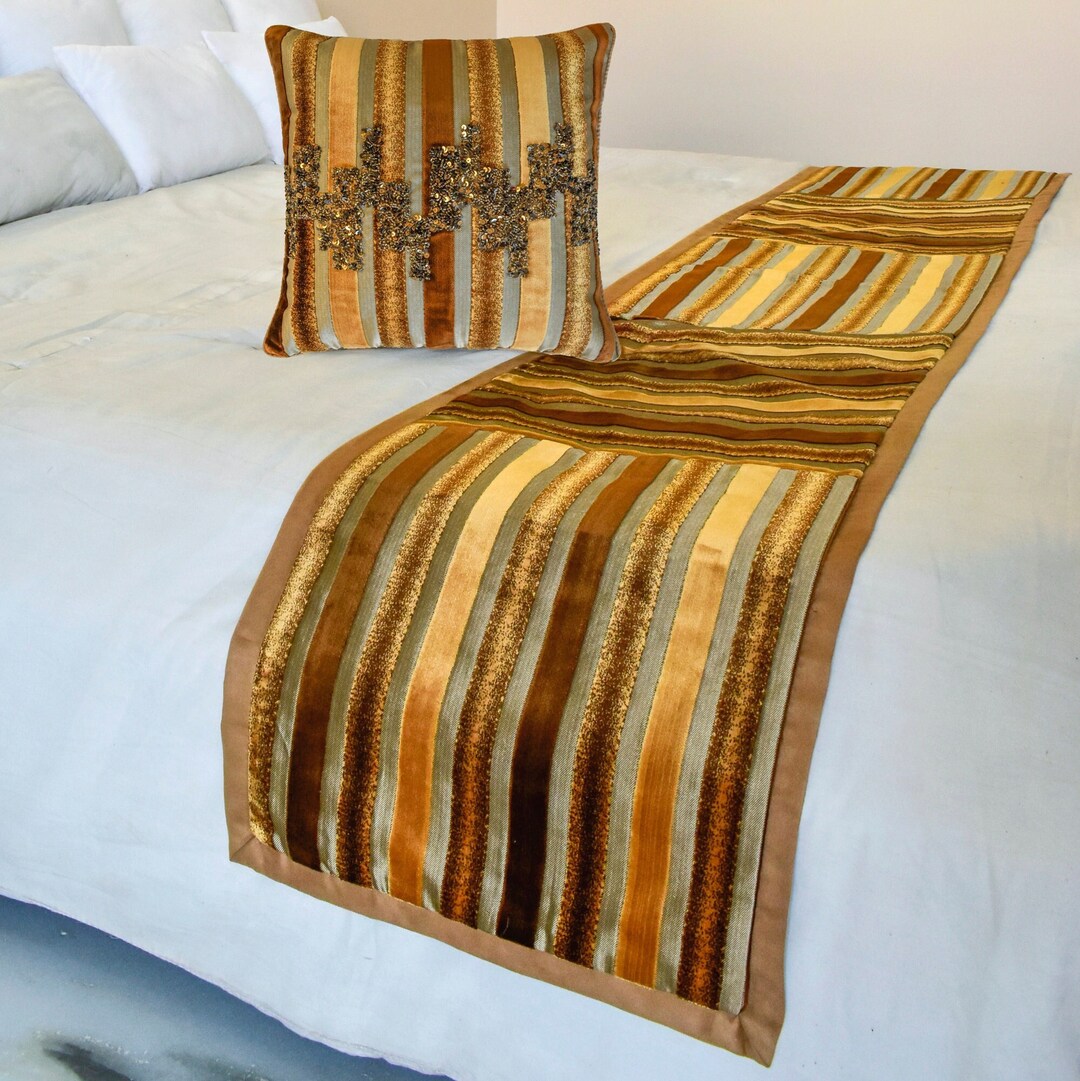 King / Queen / Twin Gold Bed Runner With Matching Throw Pillow Cover in