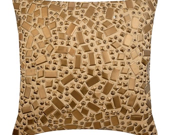 Designer Pillow for Sofa 16"x16", Art Silk Sofa Cushion Cover Beige Gold Toss Pillows Abstract Pattern Modern Home Decor Pillow - Melodrama