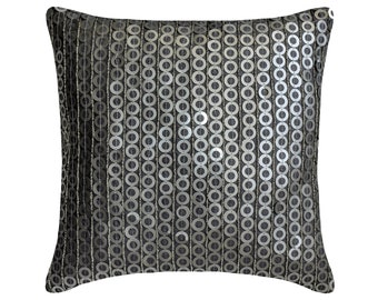 24"x24"/26"x26" Decorative Grey Euro Sham Linen Throw Pillow For Sofa with Silver Sequins Embroidery Cushion Cover Modern - Rings And Things