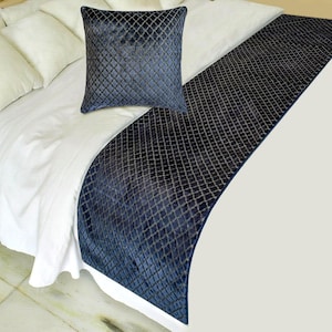King / Queen / Twin Navy Blue Runner with Matching Throw Pillow Cover Velvet Geometric Pattern Modern Bedroom Decor - Geolux Legacy Navy