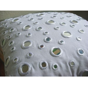 Designer White Cushion Pillow 16x16, Cotton Canvas Cushion Case Mirror Embroidery Pillow Case Cover Circles Dots White Mirrors image 2