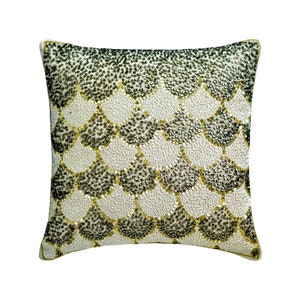 Decorative Throw Pillow Cover 16&quot; x 16&quot; Ecru Velvet Sofa Pillow Cover, Beaded Couch Bed Cushion Cover Contemporary Style Home Decor -Abigail