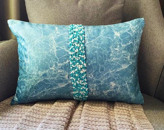 Decorative Oblong Cushion / Lumbar Pillow Cover Teal Marble Pattern Suede / Natural Turquoise Gemstone Bedroom Decor - Turquoise Touchstones