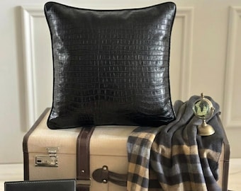 Black Faux Leather, Solid Color Pattern, Modern Throw Pillow Cover / Euro Sham - Paved Black
