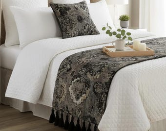 King / Queen / Twin Grey & Black Bed Runner with Decorative Throw Pillow Cover, Velvet Damask with Tassels Modern Abstract - Paved Damask