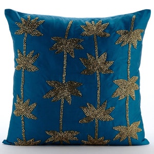 Designer Teal Blue Bed Throw 24&quot;x24&quot; / 26&quot;x26&quot;, Taffeta Throw Pillow Lotus Sofa Euro Sham Nature Floral Pattern - Gold Lotus Dreams