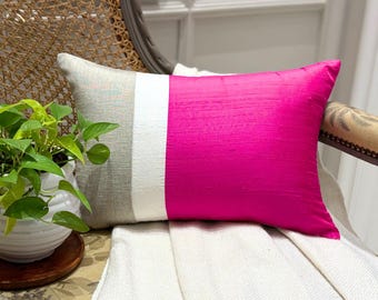 Lumbar Pillow Cover 12x20 Fuchsia Silk & Beige Cotton Linen Patchwork Decorative Oblong Cushion Cover for Couch/Sofa - Fuchsia Silk Essence