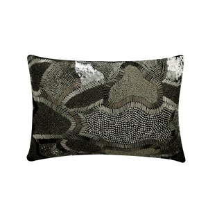 Decorative Oblong / Lumbar Rectangle Throw Pillow Cover Couch Sofa 12x16 Inch Black Silk with Silver/Grey Beads Modern - Black Silver Trend
